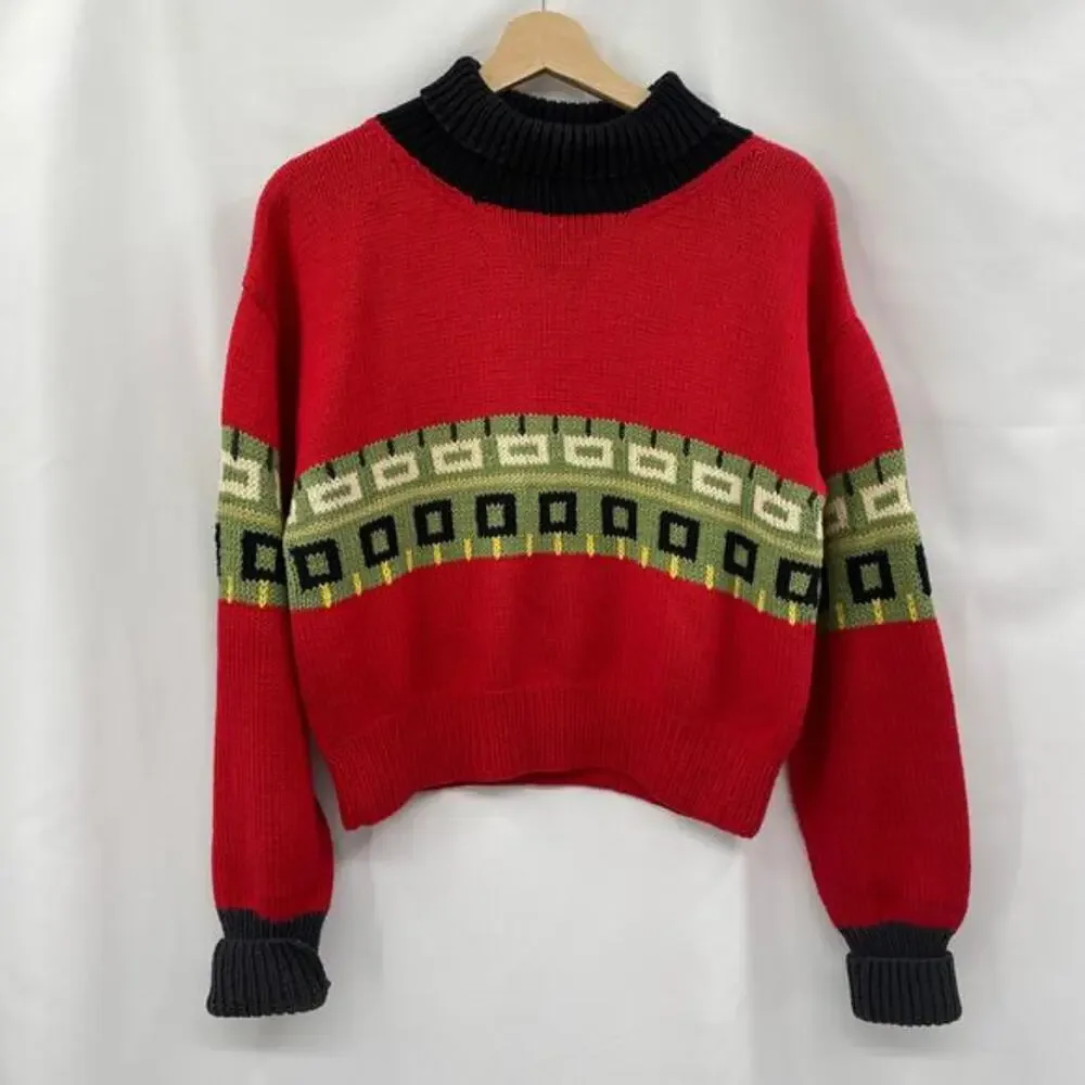 Vintage Hand knit red pattern‎ turtleneck sweater